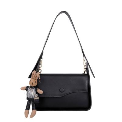 China Fashionable Design Women PU Shoulder Bag Handbag Oblong Lady Crossbody Bag With Two Straps And Bunny Pendant for sale