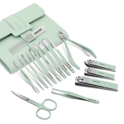 China The Portable 16 Pcs Green Nail Clippers Kits Gift High Quality Manicure Set For Women And Men for sale