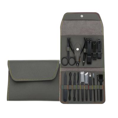 China Portable Professional Pedicure Kit Nail Care Tools 16 in 1 Stainless Steel Black Manicure Set with PU Leather Case for sale