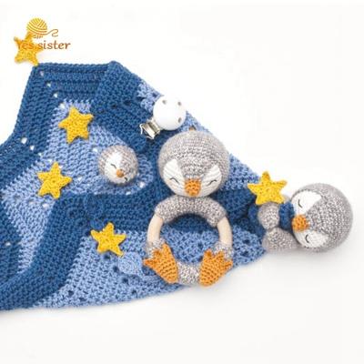 China Baby Soft Lovely Toy Crochet Rattle Penguin Teether Security Blanket Newborn Gift Set for sale