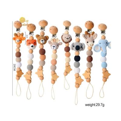 China Soft Toy Baby Beech Wood Dummy Clip Attached Pacifier Bear Hook Beads Pacifier Chain Animal for sale