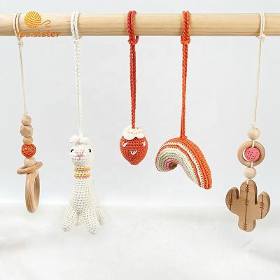 China Soft Natural Wooden Crochet Baby Toys Baby Hanging Cactus Teether Pendants Activity Gym for sale