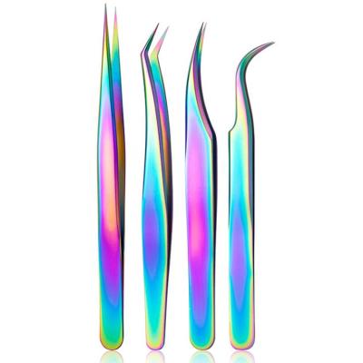 China Ultra Long Contact Surface Silver Colored Rainbow Ellipse Flat Volume Eyelash Extension Tool Lash Applicator Stainless Steel Professional Tweezers for sale