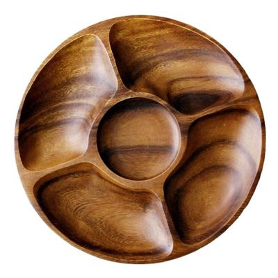 China Sustainable 2022 Hot Sales Wholesale Round Serving Trays Acacia Wooden Divided Plates Set Dishes for sale