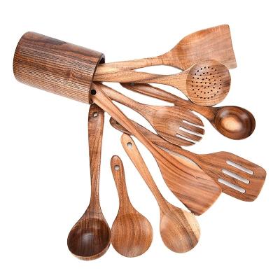 China Sustainable Chinese Teak Wooden Kitchen Utensil Set Cooking Utensils Spatula Spoons Tools For Cooking Nonstick Cookware for sale