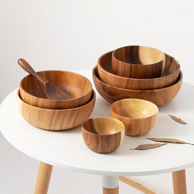 China Sustainable Natural Acacia Wood Salad Utensil Salad Serving Bowl Fruit Bowls Teak Wooden Bowl For Home Using for sale