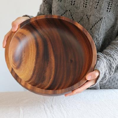 China Sustainable Japanese-style Flat-bottomed Acacia Wooden Bowl Hotel Restaurant Kitchen Tableware Salad Bowl Whole Wooden Soup Bowl for sale