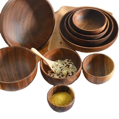 China Sustainable Thailand Acacia Wooden Bowls Flat Bottom Retro Large Salad Wood Bowl for sale