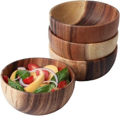 China Sustainable Wholesale 100% Natural Eco Friendly Custom Logo 6.3 Inch Acacia Wooden Fruits Oatmeal Snack Dough Salad Bowls for sale