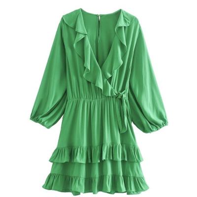 China Small Breathable French Cool Layered Wooden Ears Decorated Deep V Neck Jumpsuit Dress With Ruffled Skirt for sale