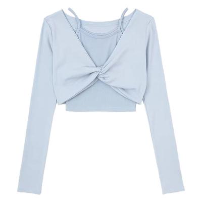 China Breathable Soft Blue Two Piece Deep Sleeve Suspender Retro Super Short V Waist Cross Knot High Top for sale