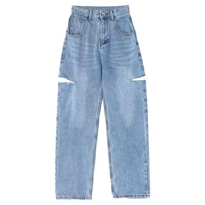 China Sustainable Design Sense Of Floor Displacement Jeans With Holes And Asymmetrical Rough Edge Lengthening Wide Leg Pants for sale