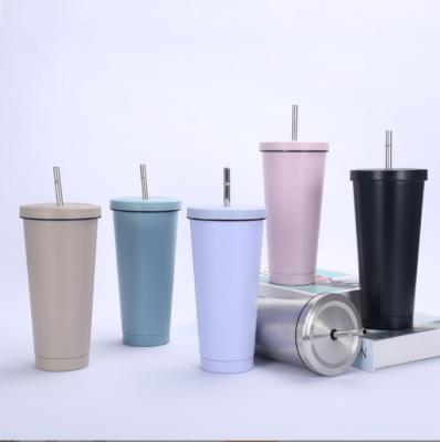 China WITH LID 750ml 304 Stainless Steel Straw Cup Double Vacuum Coffee Cup Car Water Cup Pearl Milk Tea for sale