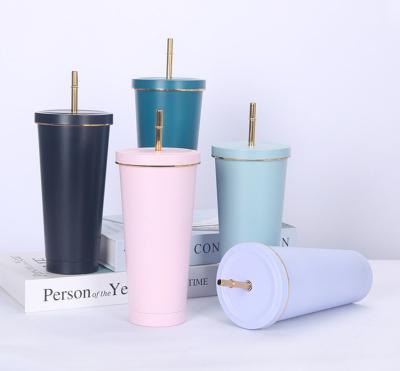 China WITH LID 500ml 304 Stainless Steel Straw Cup Double Vacuum Coffee Mug Car Water Cup for sale