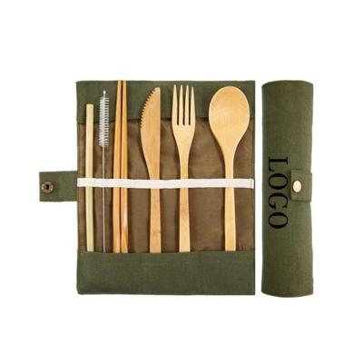 China Viable in Travel Camping Bamboo Utensils 7 Packs Running Kit 100% Organic Bamboo Washable Reusable Bamboo Cutlery Set with Bag for sale