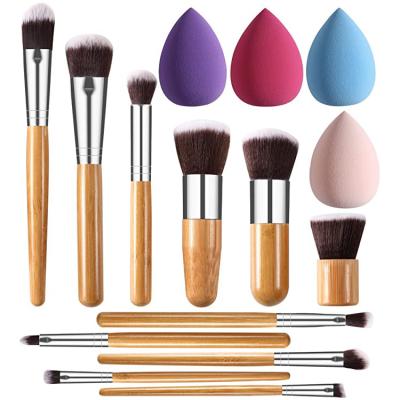 China Natural Bamboo Skin-friendly 11pcs Handle Makeup Brush Set High Quality Foundation Blending Cosmetic Make Up Tool Kit With Makeup Sponge for sale