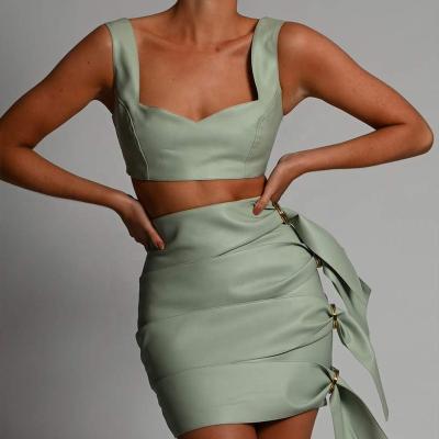 China Crop Waterproof Elegant Stretch Top And Sexy Draped Bodycon Birthday Women Two Piece Set Skirt 2 Piece Dress for sale