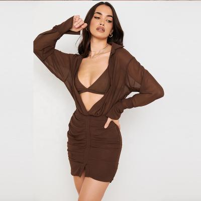 China QUICK DRY Soft Chiffon Long Sleeve Coffee Inner Bra Ruched Summer Pure Sexy Casual Outfits Long Dress Shirt Two Piece Set Dress for sale