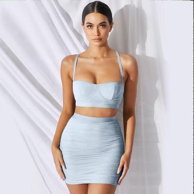 China Breathable Summer Solid Color Mesh Mini Skirt And Top Set Sexy 2 Piece Skirt Set Women Nightclub for sale