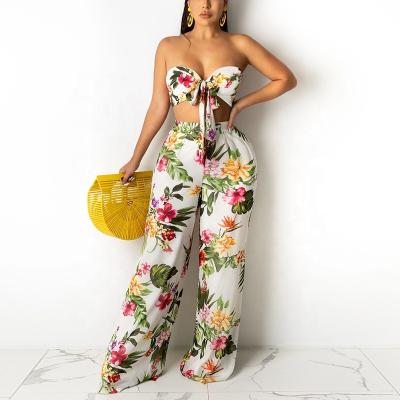 China Breathable Floral Print Backless Sleeveless Crop Top Wide Leg Pants Womens Two Piece Set Outfits Plus Size Summer Women Long 2 Piece Set for sale