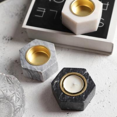 China Home Decoration Jx Rabillon Hexagon Marble Votive Premium Natural Candle Holder Sets With Brass Accents for sale