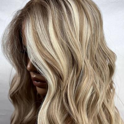 China Silky Straight Wave Stock Ash Brown Root Blonde Highlights Wavy Full Lace Wigs Premium 100% Virgin Jewish Mongolian Hair Wigs for sale