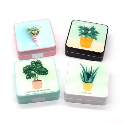 China Customized Exquisite Portable Cosmetic Case Compact Lenses Flower Pattern Companion Box Box Contact Lens Storage With Mirror for sale