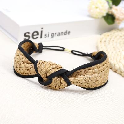 China Straw Weave Cross Knotted Hair Circle Summer Beach Straw Braid Hairband Women Wide Headwear Soft Cute Thinner Headwear for sale