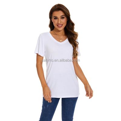 China Anti-wrinkle Meihaorizi Wholesale Plain Women's T-shirts Solid Holiday Leisure Breathable Top Custom Printed Short Sleeve V-Neck Shirt for sale