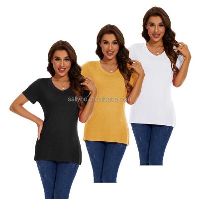 China Anti-wrinkle Wholesale Women's V-neck Top Leisure Vacation Fit Short Sleeve Shirt Custom Printed Graphic Fashion Plain Color Women's T-shirt for sale