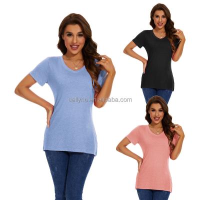 China Anti-wrinkle Wholesale Women's V-neck Plain T-shirt Customized Graphic Short Sleeve Top Fit Casual Shirt Fashion Versatile T-shirt for sale