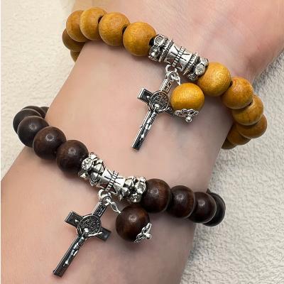 China Religious Custom Latest Design Classic Beads Bracelet High Quality Handmade Volcano Jesus coffee brown cross religious 10mm 12mm for sale