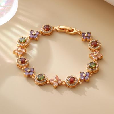 China Vintage Copper Electroplated Vintage Style Genuine ColrrfulZircon Bracelet Set Luxury Exaggerated Design Irregular Clover Engagement for sale