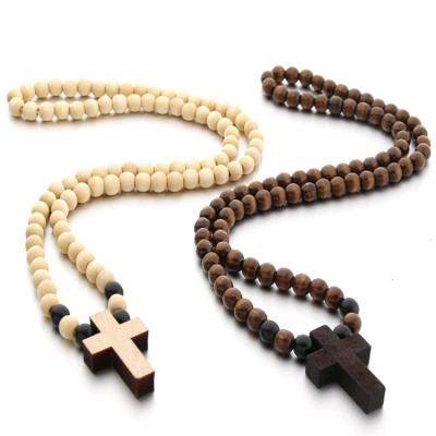 China CLASSIC Hot Sale Christian Religious Prayer Chaplet String Handmade Wood Beads Rosary Necklace Cross Pendant Necklace Jewelry for sale