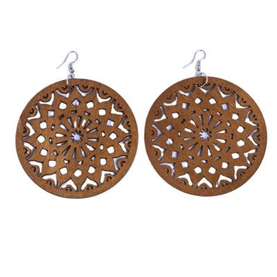 China TRENDY Big Circle Women's Wooden Earrings Hollow Carved Cutting Shape Versatile Premium for Wedding & Gift Occasions for sale