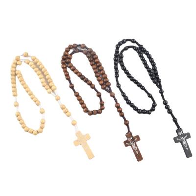 China The rope is strong Cheap Black Rope Knotted Prayer Rosary Beads Brown Wooden Beads Corded Rosary Catholic With Jesus Crucifix Wooden necklace for sale