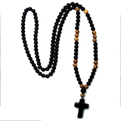 China Vintage Unisex Vintage Mala Jewelry Collar 6MM Black Stone Wood Beads with Black Stone Cross Pendant Black Stone Necklace Party Gift for sale