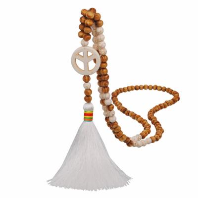 China Wood CLARMER Europe New Products Ethnic Style Sweater chain Wooden Beads Long Sweater Chain Girl White Thread Tassel Pendant Necklace for sale