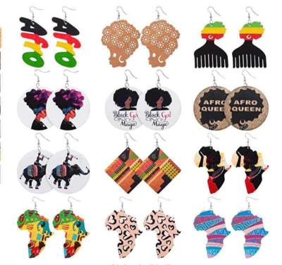 China CLASSIC 2022 Vintage Trendy Exaggerated Ethnic Style Geometric Printed African Retro Wooden Earrings For Women for sale