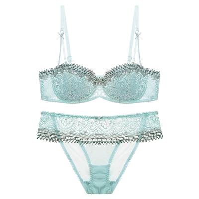 China Sexy 1/2 Cup Ladies Underwear Cotton Bra Set Detachable Thin Breathable French Lace Top Plus Size Bra Set for sale