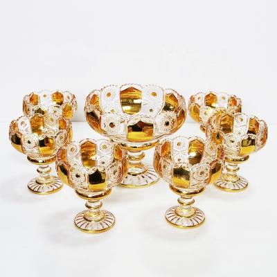 China Sustainable Middle Eastern Style Bohemia Gold Design 7 PCS Muslim Glass Bowl Set With Moss Box à venda