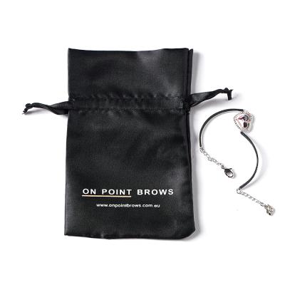 China Recyclable Customize Personalized Black Satin Gift Wig Suction String Jewelry Pouch Bag With Logo for sale