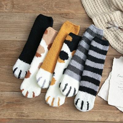 China New Viable Fashion Coral Velvet Winter Thicken Warm Cute Paw Sleeping Lovely Cat Cartoon Socks Women's Floor Bedroom Home Socks for sale