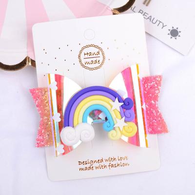 China Fashion 3.5 Inch PU Rainbow Hair Clip With Bows For Babies Sparkle Hair Accessories Pin Clip Boutique Barrettes Hair Headwear for sale