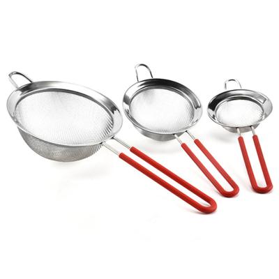 China Viable Pastry Tools Utensils 8cm 10cm 14cm Silicone Handle Stainless Steel Sieve Flour Baking Sieve for sale