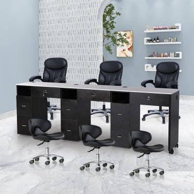 China Black French Easy Clean Modern Luxury Top Furniture Salon Bar Nail Beauty Style Manicure Triple Table Quartz Easy Clean With Wheels for sale