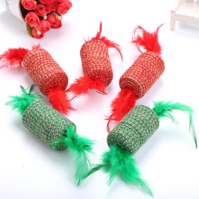 China Stocked Hot Selling Christmas Color Sisal Cat Toy With Feather for sale