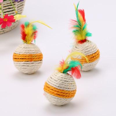 China Hot Selling Stocked Amazon Cat Sisal Ball Toys Pet Claw Grinding Toys With Feather for sale