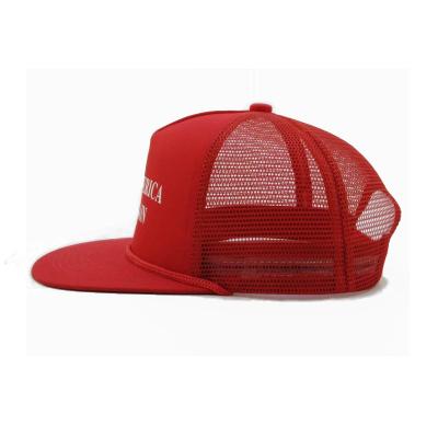 China Free Sample Custom Printing Logo 5Panel Snapback Hip Mesh Trucker Cap Hat Flat Red Brim for sale