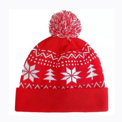 China Factory Custom Quality Red Warm Acrylic Knitted Winter Casual Beanies Hats Beanies Jacquard Pom POM for sale